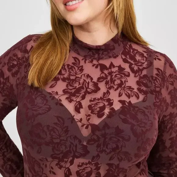 TORRID Women's Flocked Mesh Mock Neck Long Sleeve Top 1(14-16) Plus Size NWT - Picture 3 of 5